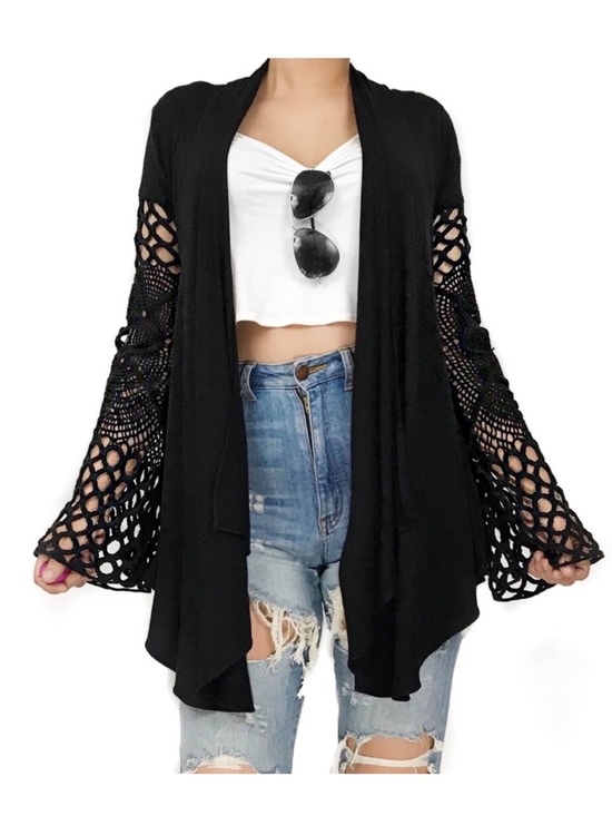 Sky Sweaters - SKY Women Black Crochet Embroidered Open Asymmetrical Cardigan-Small-Made in USA